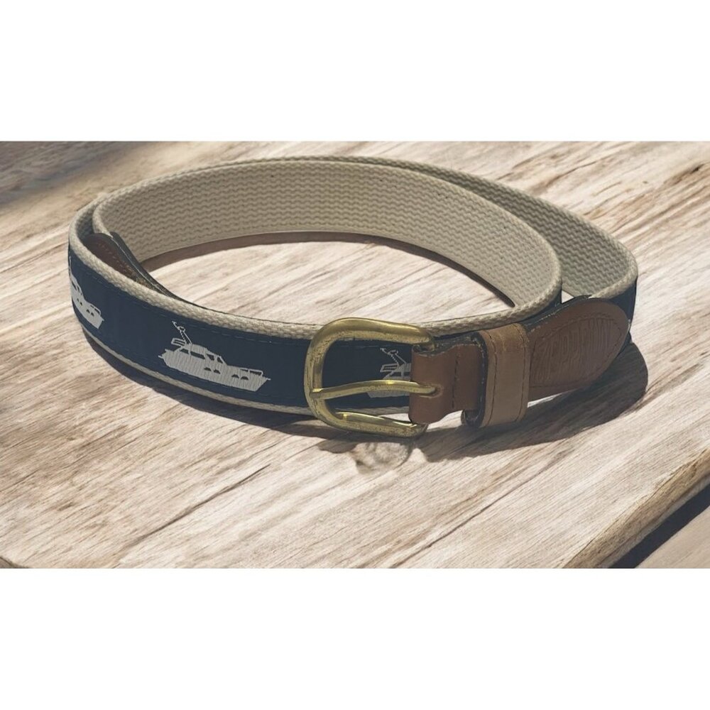 Zeppelin Men's Canvas Leather Belt Fishing Boats Size 42 Brass Buckle USA Made